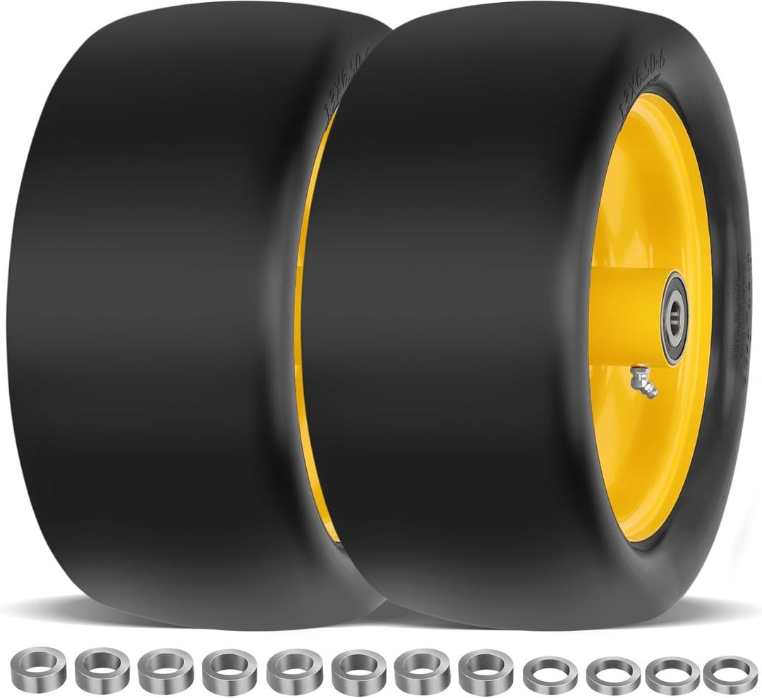 2 Pcs 13x6.50-6 Lawn Mower Tires Flat Free with 3/4" Chrome Steel Bearings, 13x6.50-6 Zero Turn Mower Front Tires, 13x6.5-6 Flat Free Lawn Mower Tires for Commercial Grade Lawn, 5.5"-7.5" Centered Hub (Yellow)