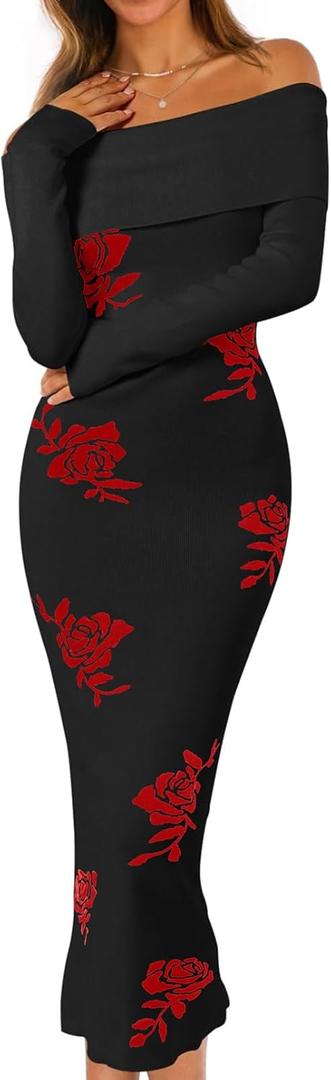 MEROKEETY Women's Winter Off Shoulder Bodycon Sweater Dress 2025 Formal Long Sleeve Elegant Club Party Midi Dresses