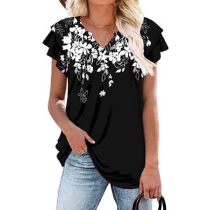 BETTE BOUTIK Womens Short Sleeve Tunics V Neck Button Down Shirts Blouse Tops Pullover (Large, 2-whiteoutline)