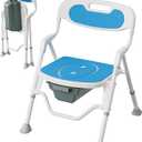 Foldable Shower Chair with Commode for Seniors, 400 lb, Blue | Bath chair and Bedside Commode Use, 11L Bucket, 5 Height Levels, 5.9 in Fold, Aluminum Frame