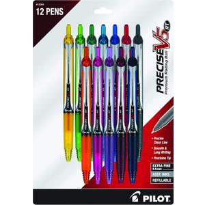 Pilot, Precise V5 RT Refillable & Retractable Rolling Ball Pens, Extra Fine Point 0.5 mm, Assorted Colors, Pack of 12