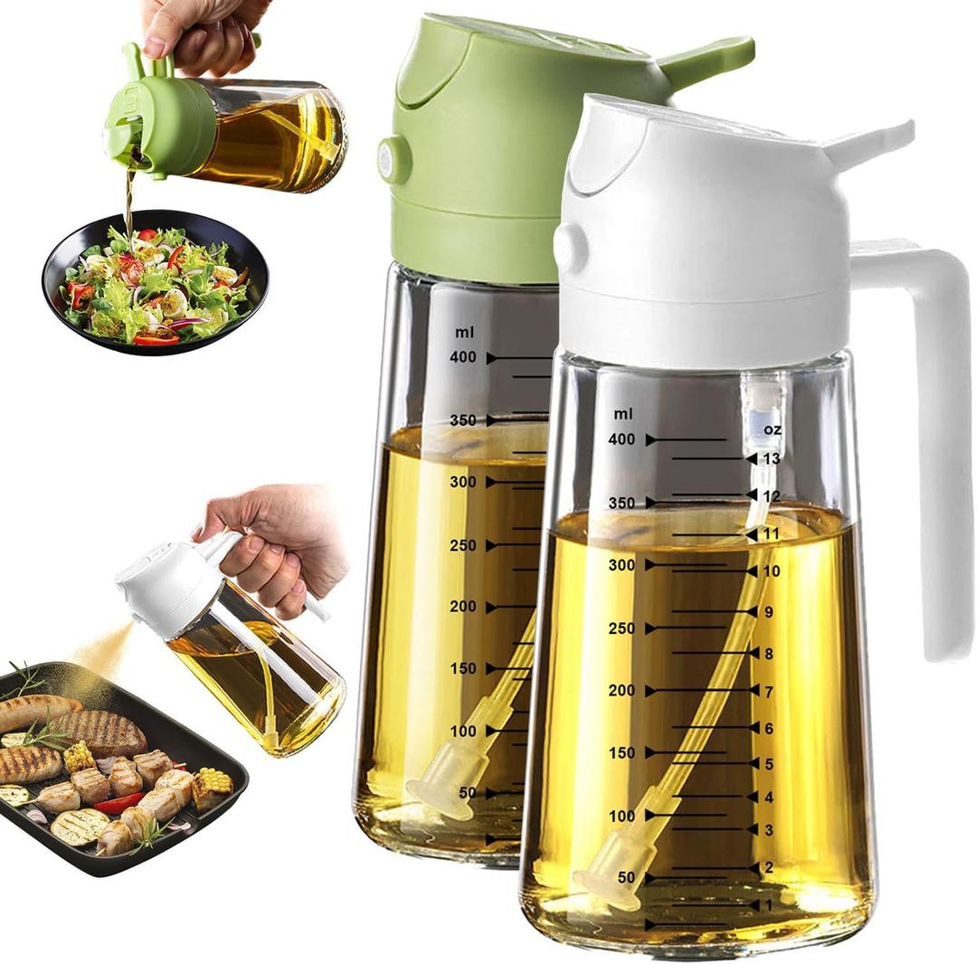 TrendPlain 16oz/470ml Glass Olive Oil Sprayer for Cooking – 2 in 1 Olive Oil Dispenser Bottle for Kitchen Gadgets and Air Fryer Accessories, Salad, BBQ - White & Green