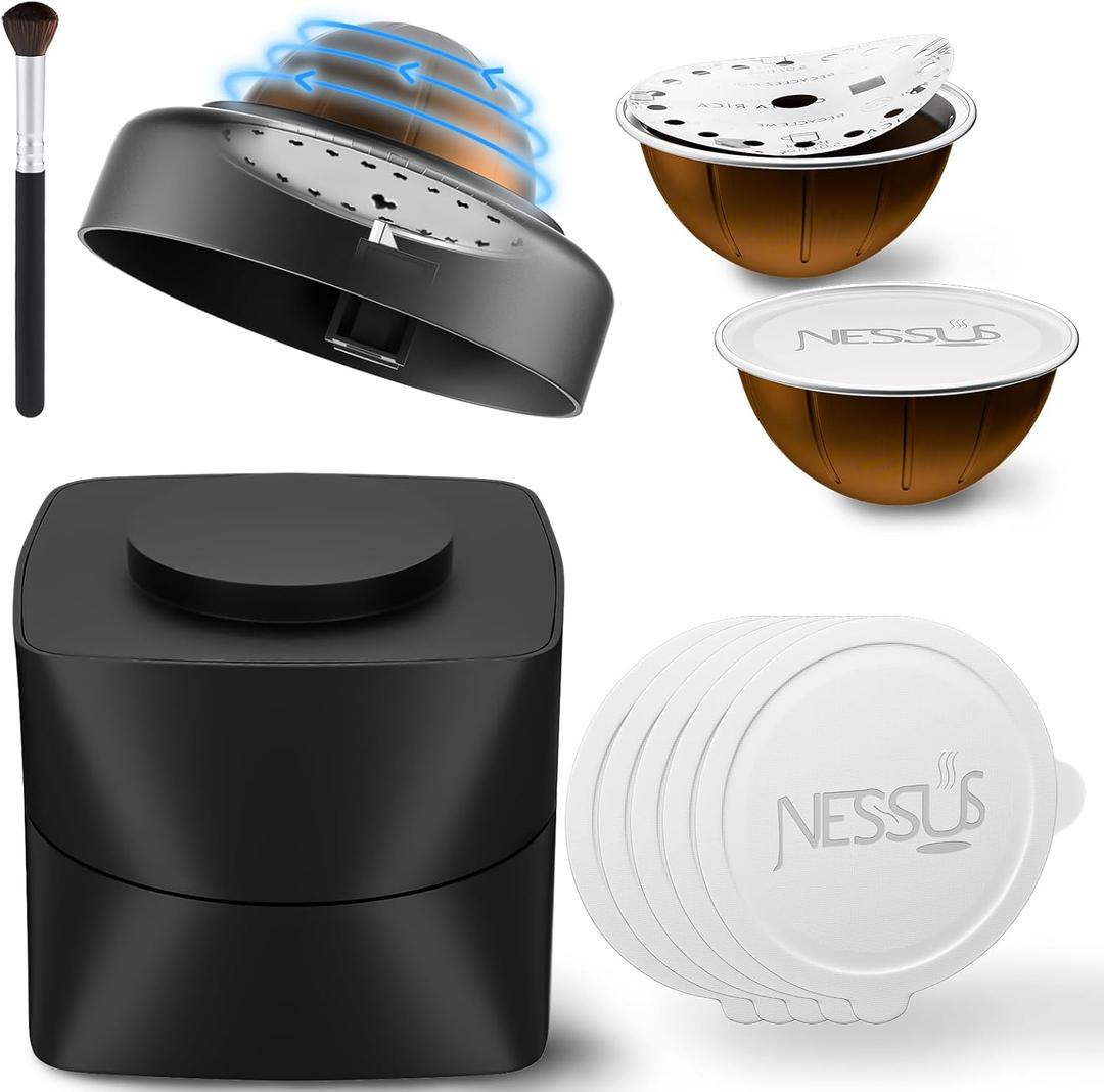NESSUS Refill Kit for Reusable Nespresso Vertuo Pods, Lid Easy Remover for Original Seal, 100PCS Aluminum Foil Lids, Tamp & Press Refillable Vertuo Capsules Holder and Brush