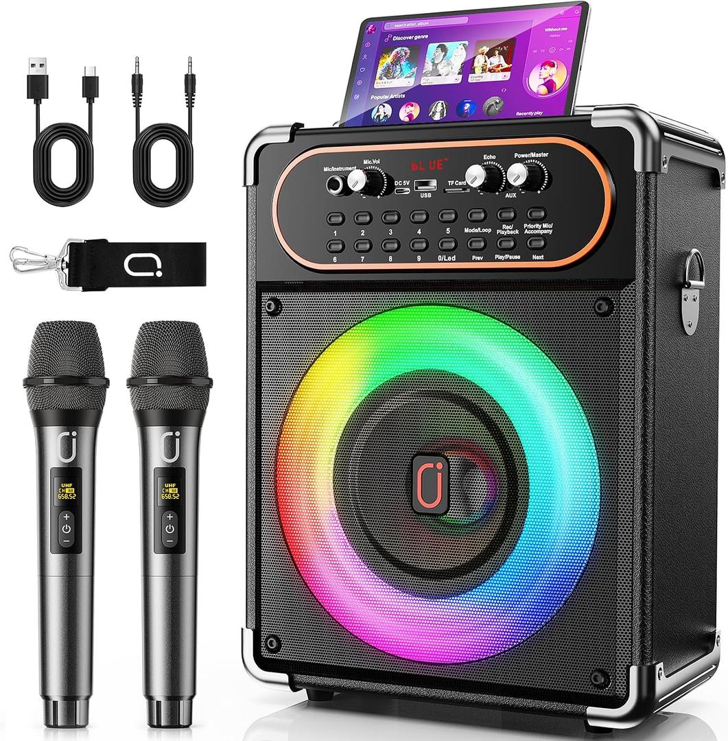 HWWR Karaoke Machine with 2 Wireless 2.4G 0-Delay Microphones for Adults,Portable Bluetooth 5.3 Speaker with Echo Adjustment and Deep Bass,Supports TWS/TV/Guitar for Family Party,Backyard BBQ(2 Mics)