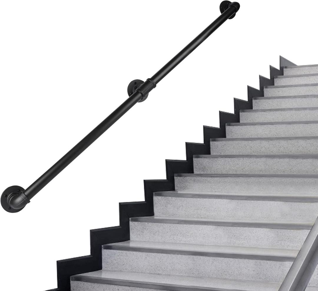 Rectoo Pipe Stair Handrail, 8 Ft Metal Staircase Handrail, Black Galvanized Industrial Iron Hand Rail for Indoor & Outdoor Wall Mount Support, Wall Hand Railing,Safety Handle, Steps Baluster(HR05)