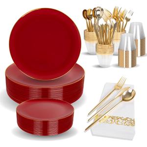 MirthMood 210pcs Red Plastic Plates, Disposable Red Gold Party Plates, Include 30 Dinner, Dessert Plate,30 Cup&30 Napkins, 90 Gold Silverware for Wedding & Party & Birthday Plum Red