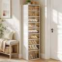 ROOM127 Foldable Shoe Cabinet, Tall 8-Tier Shoe Rack with Boot Shelf | ROOM127 Foldable Shoe Cabinet, 8-Tier Shoe Rack with Tall Boot Shelf Holds Up to 18 Pairs, White Frame with Light Amber Doors