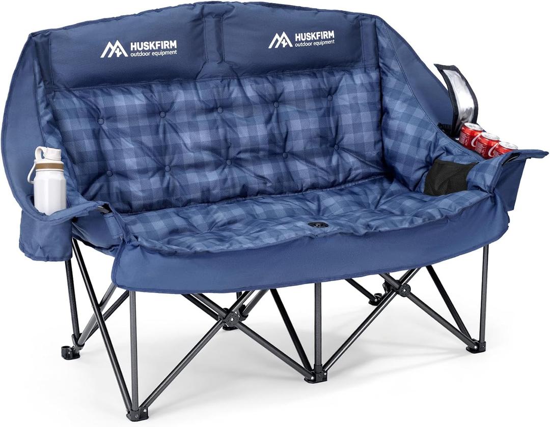 Huskfirm Padded Double Camping Chair High Back 2 Person Camping Chair Oversized Camping Loveseat Support 800LBS Heavy Duty Camping Couch with Cup Holders, Cooler, Carry Bag, Blue, 3.45 Ft ч 0.8 Ft