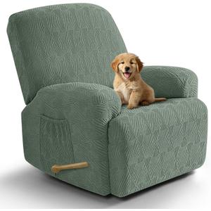 VANSOFY Recliner Chair Covers, 4-Pieces Stretch Recliner Cover Jacquard Soft Reclining Chair Slipcover Furniture Protector with Elastic Bottom for Lazy Boy Recliner(Bean Green)
