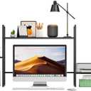 WelFurGeer LED Desk Shelf Organizer with RGB Light Strip, 2-Tier Desktop Shelf for Computer Monitor, Sturdy Metal Frame & Wood Shelves - Desk Hutch Bookshelf for Home Office, Dorm, Gaming (Black)