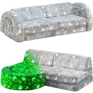 10Pcs Modular Kids Play Couch Glow, Convertible Play Fort Kids Couch, Instant Rebound 28D Foam Toddler Couch, Kid Sofa for Playroom, Bedroom Furniture, Gray and Space (Gray Universe)