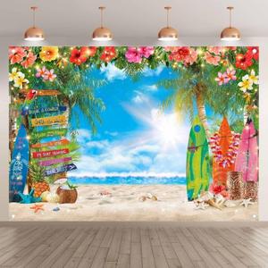7x5ft Summer Hawaiian Beach Photography Backdrop Tropical Flower Palm Leaves Surfboard Background for Luau Aloha Party Decoration Banner Photo Booth