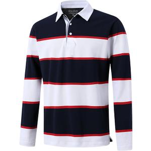 Men's Polo Shirts Long Sleeve Striped Dry Fit Casual Collared Pique Golf Polo Shirts for Mens, L, Navy White