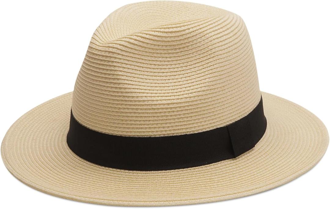 Joywant Womens Straw Fedora Beach Sun Hat, Packable Wide Brim Panama Hat for Women UV UPF50+ Summer Hat (Medium, Abby-beige)