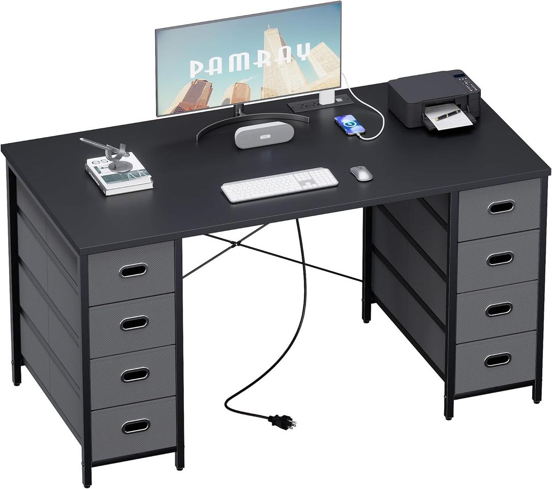 Pamray 47 Inch Computer Desk with 8 Fabric Drawers and Power Outlet PC Gaming Desk Home Office Study Work Writing Table for Bedroom Black