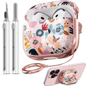 Inesore with Safety Lock for AirPods 4 Case Cover 2024,Floral Cute AirPod 4th Generation Case for Women Girly with Cleaner Kit and Keychain- Pink Berry Flower
