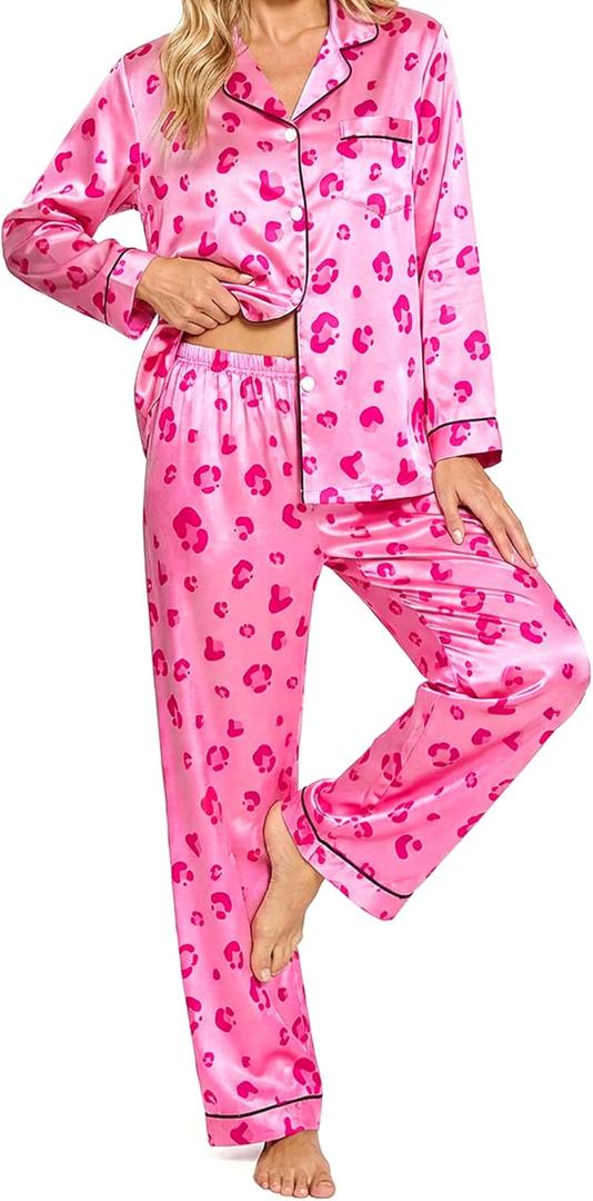 Womens Satin Pajama Set 2 Piece Silk Long Sleeve Pjs Soft Button Down Loungewear Sleepwear, XL