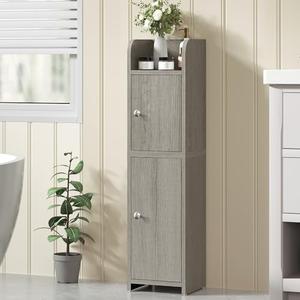 FIONESO Bathroom Cabinet, Corner Floor Storage Cabinet with Door, Narrow Bathroom Organizer and Paper Storage with Adjustable Shelves, for Small Spaces, White, Light Oak