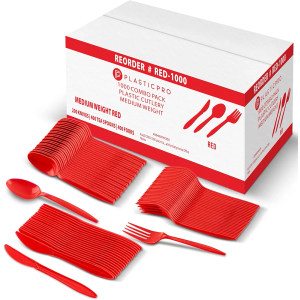 PLASTICPRO 1000 piece Cutlery Combo set of Red Plastic Forks, Spoons, and Knives Disposable Colored Cutlery Bulk Pack Variety Pack for Party Home Office