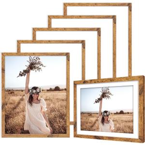 TWING 11x14 Picture Frames Set of 6,Display Photos 8x10 with Mat or 11x14 without Mat,Home Decorative Wall Gallery Picture Photo Frame Wood Brown,Walnut