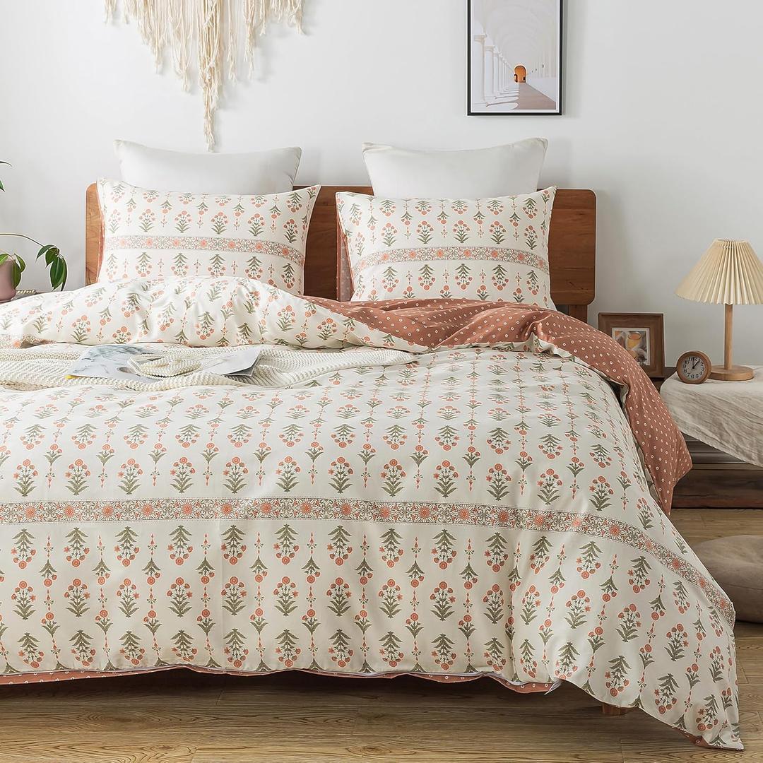 HoneiLife Queen Duvet Cover Set - Breathable 100% Cotton Floral 3pcs Wildflower Comforter Cover, with Zipper Closure and Corner Ties, Sweet Grass (Queen/Full-90"x 90", Green & Orange)