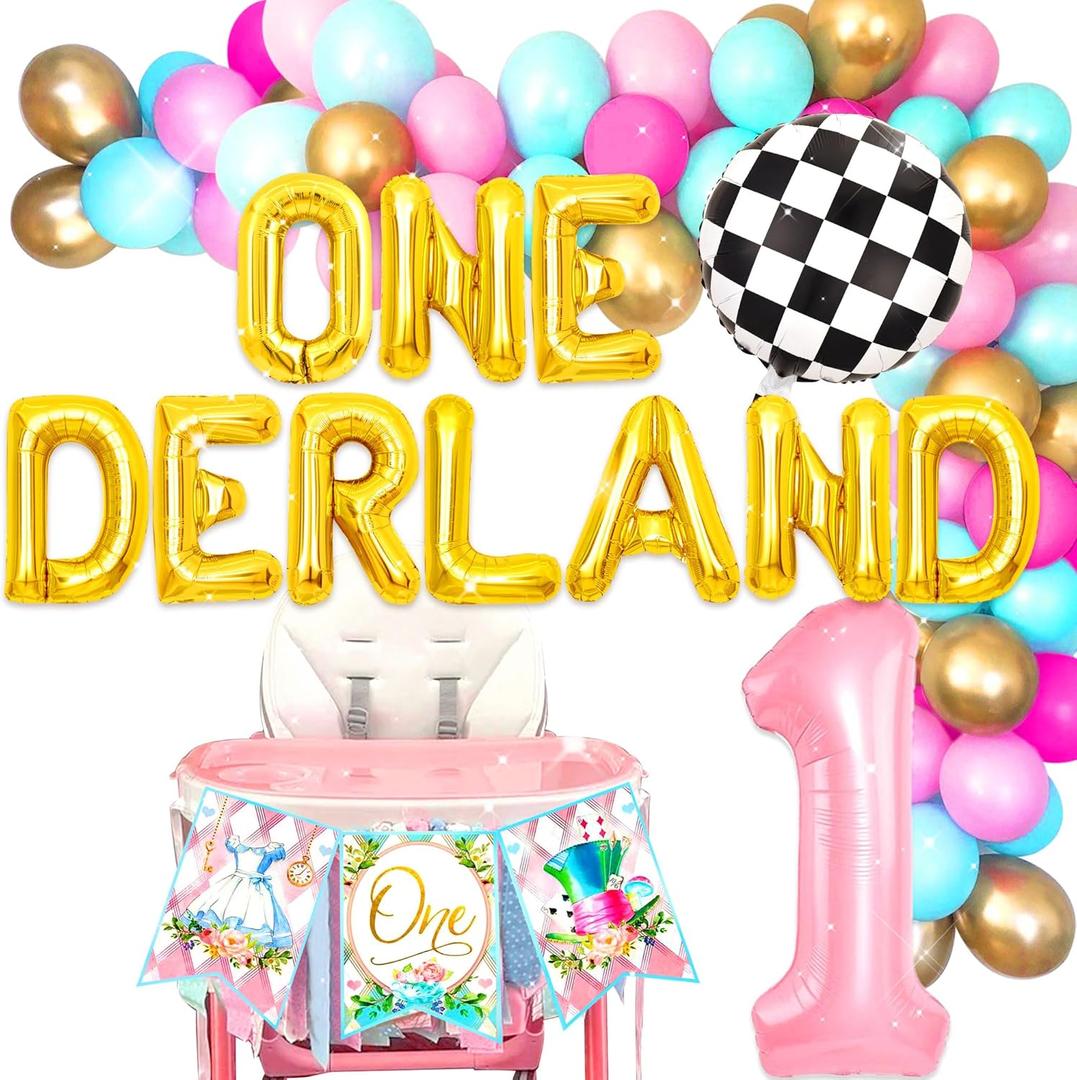 LaVenty Alice in Onederland 1st Birthday Backdrop Alice in Onederland Party Supplies Alice in Onederland Banner Balloons First Birthday Decoration
