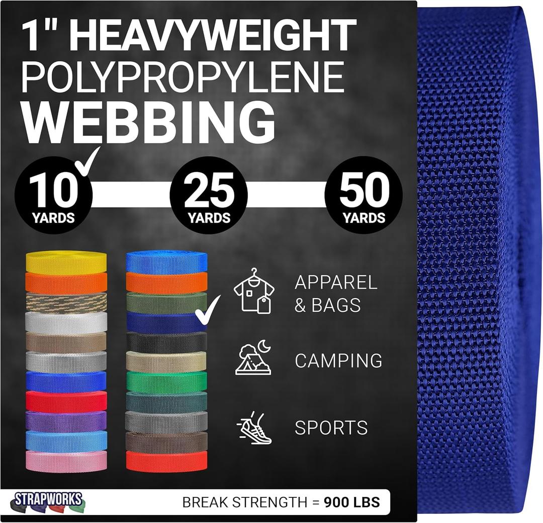 Strapworks Heavyweight Polypropylene Webbing - Heavy Duty Poly Strapping for Outdoor DIY Gear Repair (1" x 10 yard, Dark Blue)