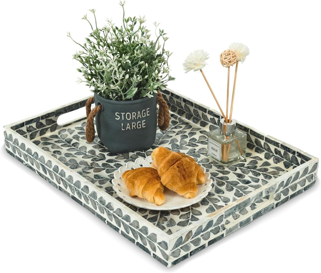 CLAYNIX Serving Tray 15.7" X11.8", Lacquer Mother of Pearl Inlay Mosaic Tray, Rectangle Wooden Marble Tray with Handles Trays for Tea, Breakfast in Bed, Table (Black Leaf)