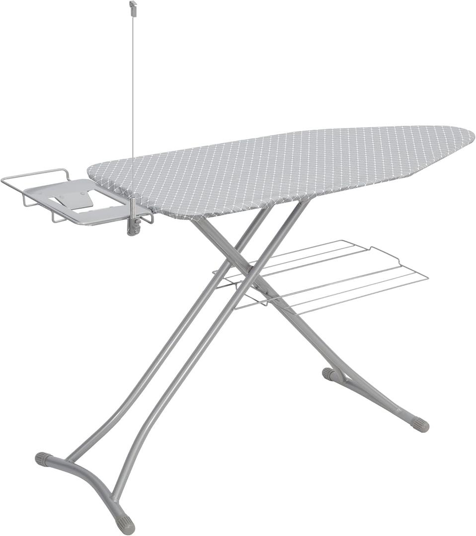 STO STO Ironing Board 48" x 18" with Iron Holder, Cord Holder and Clothes Rack, Adjustable Height 27" to 37", Full Size Foldable Iron Board with Silver Coated Cotton Removable Cover, Gray Checkered