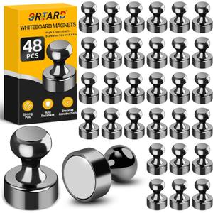 Grtard 48 Pack Black Magnetic Push Pins - Strong Fridge & Whiteboard Magnets for Office, School, Locker & Map