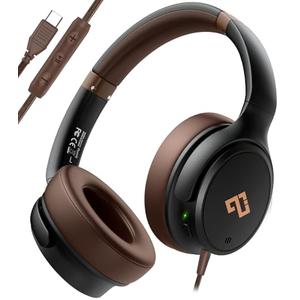 USB C Headphones Wired Headphones Over Ear with HD Mic, Foldable Active Noise-Canceling Headphone for iPad/Sports/School/Travel/iPhone 17/16/15, Samsung S25/S24, Google Pixel 9,Ideal Gifts-Brown