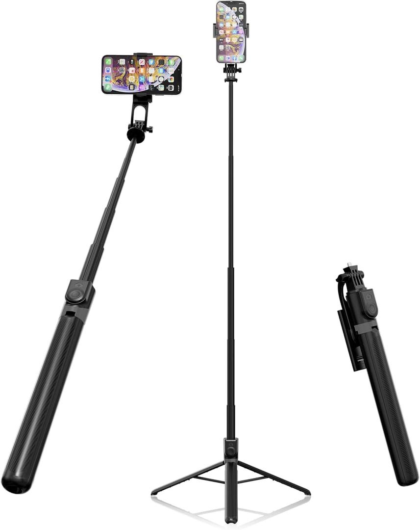 71 Tall Selfie Stick Quadripod with Remote & 360 Ballhead, Aluminum Alloy Extendable Cell Phone Stand, Travel Phone Holder Compatible with iPhone/GoPro (Black)
