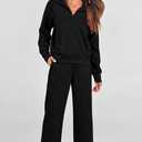PRETTYGARDEN Women's 2 Piece Outfits Casual Lapel Half Zip Sweatshirts and Wide Leg Pants Tracksuit Sets (Black, L)