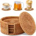 6 Pack Handmade Rattan Coasters with Holder, Wicker Boho Woven Set, Heat-Resistant Drink Coasters for Coffee Table, Drink Cups, Hot Drinking Home Decor