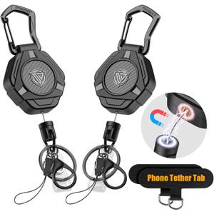 Oaridey Magnetic Retractable Keychain, Heavy Duty Carabiner Badge Holder with Phone Tether Tabs, Tactical ID Badge Reel with 31.8'' Coated Steel Cord and Lobster Clasp, Bearing 10.0 oz - 2 Pack