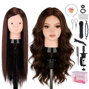 Mannequin Head Human Hair, Beauty Star Doll Head for Practice Hair Styling, 80% Real Hair Cosmetology Makeup Hairdressing Training Manicanequin Head with Clamp Stand + DIY Braiding Set (23.5", Dark Brown)