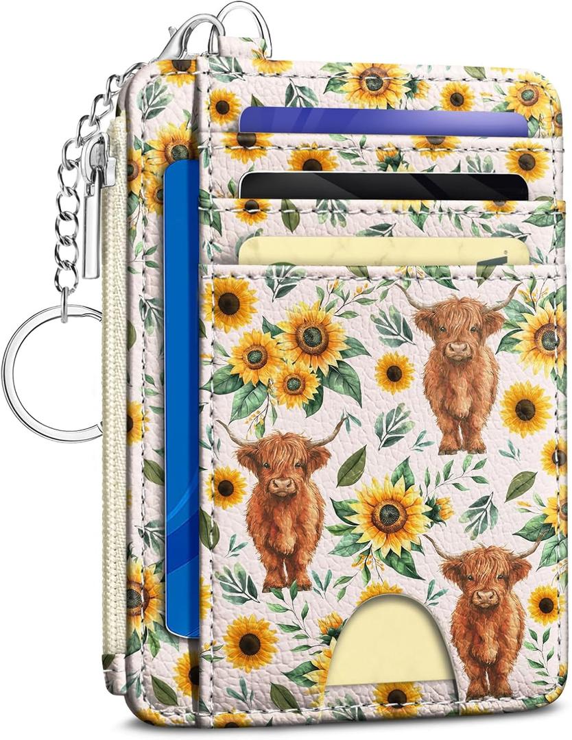 Kelvoris Highland Cow Sunflower Credit Card Holder Small Wallet Women, Slim RFID Blocking Wallet Woman Keychain with Zipper Coin Pocket, Front Pocket Thin Travel Card Case with ID Window Ladies Gifts