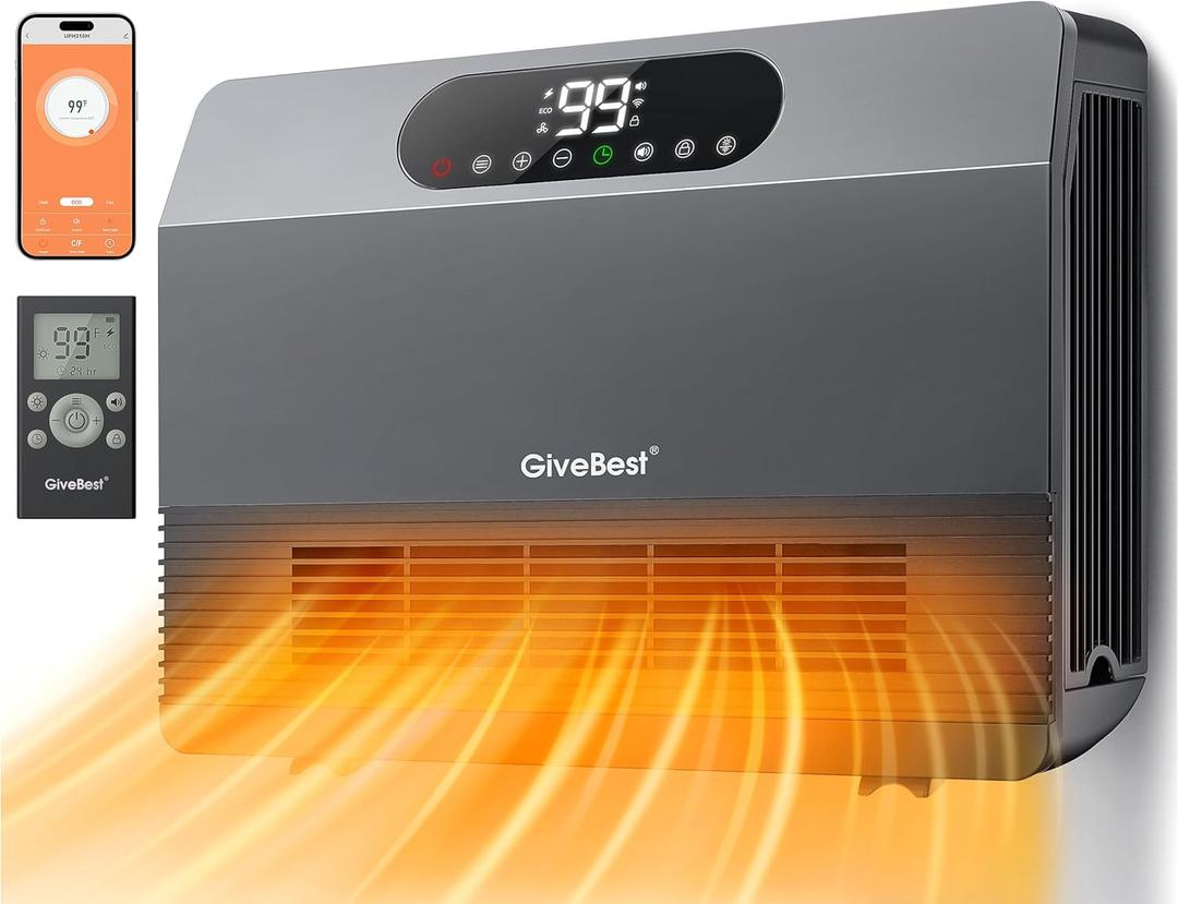 GiveBest Smart Wall Heater, 1500W Fast Heating Space Heater for Bedroom, Electric Room Space Heater with Thermostat for Indoor Use, Easy Wall Mounted, On/Off Timers, Compatible with Alexa (Standard Plug, Grey)