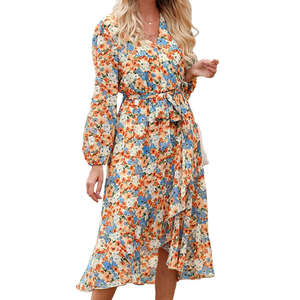PRETTYGARDEN Women's Floral Boho Dress Fall Long Sleeve Wrap V Neck Ruffle Flowy Maxi Spring Wedding Guest Vacation Dresses, Size M