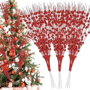 Palonu 32 Pcs Red Artificial Glitter Berry Stems 17 Inch Fake Berry Branch Picks Decorative Glitter Sticks Christmas Tree Ornaments for DIY Xmas Wreath Crafts Gifts Holiday Home Décor