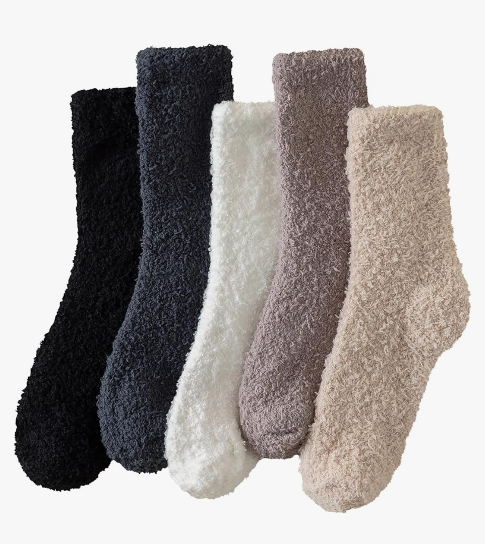 LANLEO 5 Pairs Women's Super Soft Fuzzy Plush Warm Winter Home Sleeping Slipper Socks 5 Pairs Solid Color Style L