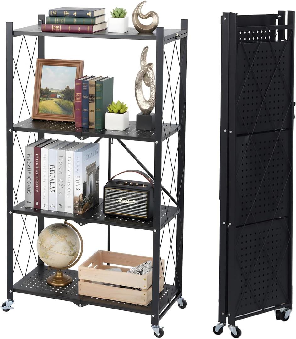 4 Tier Foldable Storage Shelf with Wheels, Collapsible Metal Rack Shelving Unit, No Assembly Required, Rolling Cart Shelf Rack Organizer for Books, Garage, Kitchen, Closet, Pantry, Exhibition, Black