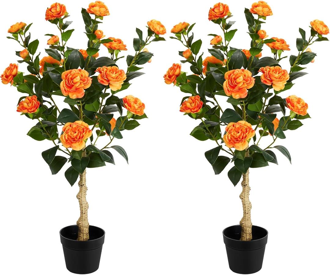 3FT Artificial Camellia Tree, 2 Pack Fake Camellia Tree Artificial Tree, Faux Floral Plants in Cement Pot, Greenery Potted Plant for Indoor Outdoor Home Office Porch Decor (Orange)