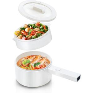 Hot Pot Electric with Steamer, 1.5L Ceramic Glaze Non-stick Portable Pot, Dual Power Multi-functional Electric Cooker, Suitable for Steak, Pasta, Hot Pot, Ramen, Dorm Room Essential (1.6 Quarts, White)