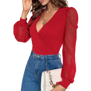 Fayenne Womens Tops Deep V Neck Cross Wrap Sexy Tops Polka Dot Mesh Long Sleeve T Shirt Casual Blouses (Medium, Red)
