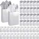 Colarr 50 Pcs 8.2 x 5.9'' Glitter Kraft Paper Favor Bag with 100 Tissue Wrapping Paper Bulk, Xmas Wrap Bags Gift with Handle for Christmas Wedding Bridal Baby Shower Birthday(Silver)