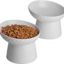 6 inch Small Ceramic Raised Cat Bowls, Tilted Elevated Food or Water Bowls, Stress Free, Backflow Prevention, Dishwasher and Microwave Safe, Lead & Cadmium Free(White 6 inch 2pc)
