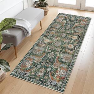 RUGSURE Washable Area Rugs - Perfect for Living Room, Bedroom, Kids Room, Nursery - Stain & Water Resistant Non-Slip, Pet & Child Friendly, Vintage Tribal Area Rugs (Green, 2'6'' x 8')
