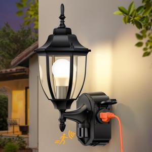 Porch Lights with Outlet, Motion Sensor Outdoor Lights, Updated Dusk to Dawn Exterior Lighting Fixtures, Waterproof Anti-Rust Aluminum Outside Light for House Entryway Garage, Black (1 Pack)