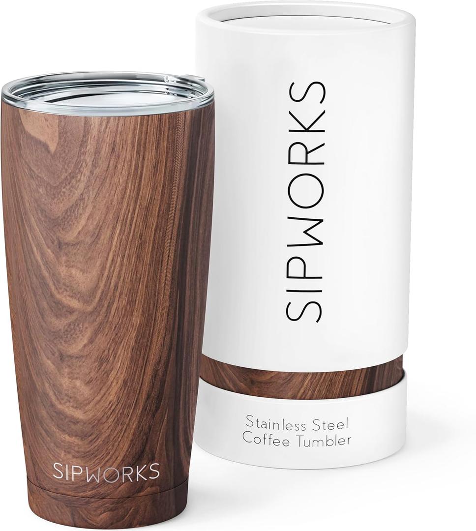 Sipworks Coffee Tumbler  20 oz Insulated Travel Coffee Mug, Spill Resistant Stainless Steel Large Coffee Cup with Lid for Hot & Iced Drinks - Mahogany